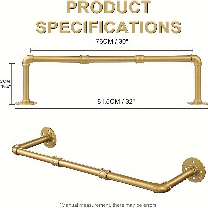 2-Pack Gouden Industriële Pijp Wandgemonteerde Kledingrek, 76.2cm Zware Afneembare Hangstang voor Badkamer, Slaapkamer, Woonkamer, Kantoor - Opbergruimte voor Jassen & Kledingkast.