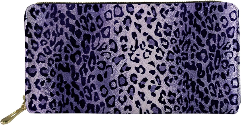 Purple Leopard Print Wallet for Women Men Leather Long Purse Zipper Coin Pocket Money Bag Card Holder Travel Daily Storage Pouch