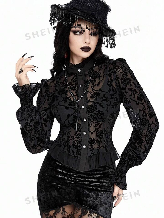 ROMWE Goth Blusa negra sólida de mujer con cuello alto, mangas abultadas, encaje transparente calado y con motivos florales