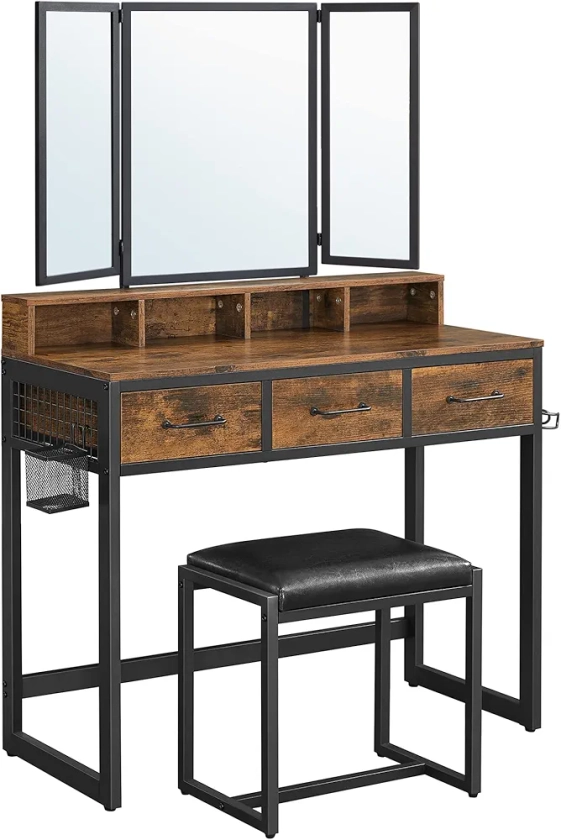 VASAGLE RVT004B01 Ensemble de sous-Armoire avec Tabouret rembourré, Miroir Trip, 3 tiroirs, Porte-sèche-Cheveux, Coiffeuse, Style Industriel, Marron Rustique et Noir