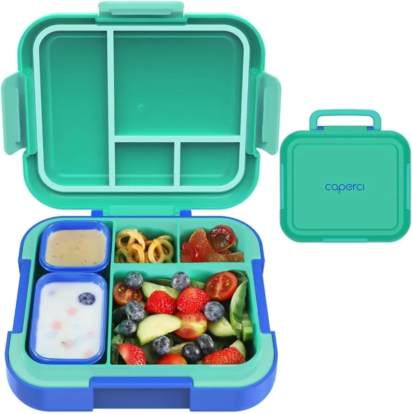 CAPERCI Bento Lunch Box for Kids, Large 4.8 Cups Bento Box Kids, 4 Compartments, Portable Handle, 2 Sauce Box, Lunch Container for School Work, Microwave/Dishwasher Safe (Jungle Green/Blue)
