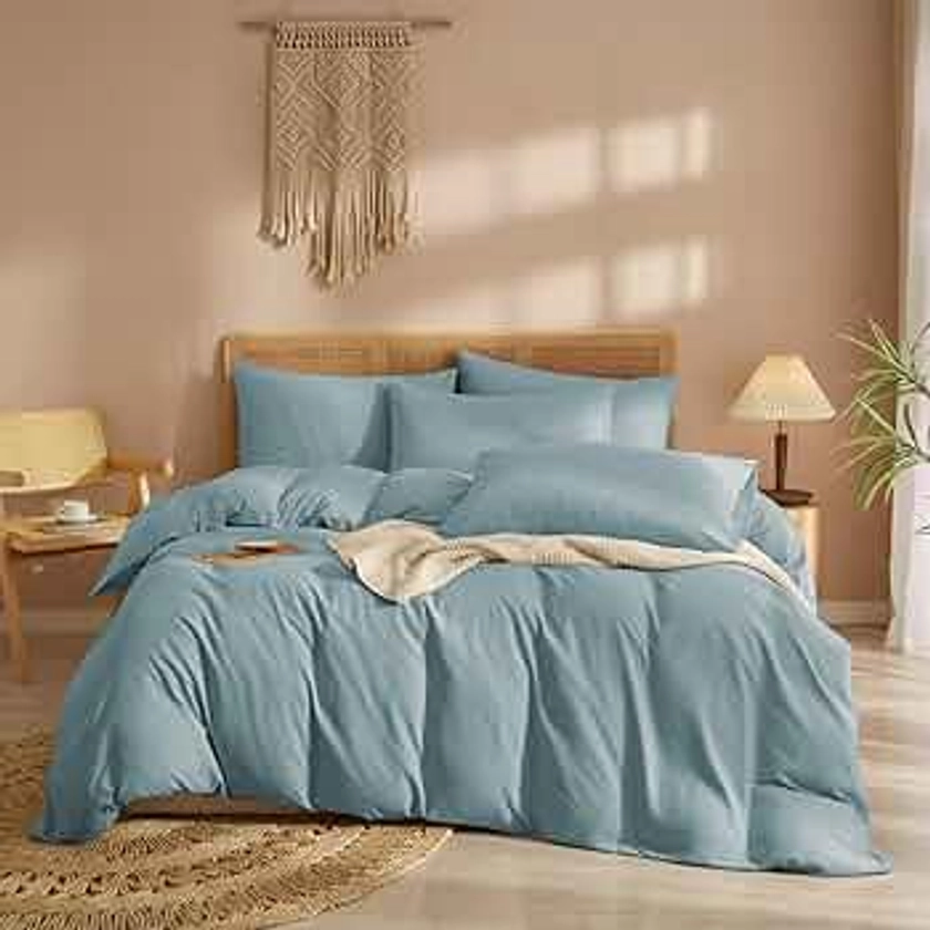 DPNJING Coton Housse de Couette 220x240cm Bleu Clair Parure de Lit Adulte Lin Parure Lit 2 Personnes Parure Housse Couette 220x240 Microfibre avec 2 Taies d'oreiller 65x65cm avec Fermeture Éclair