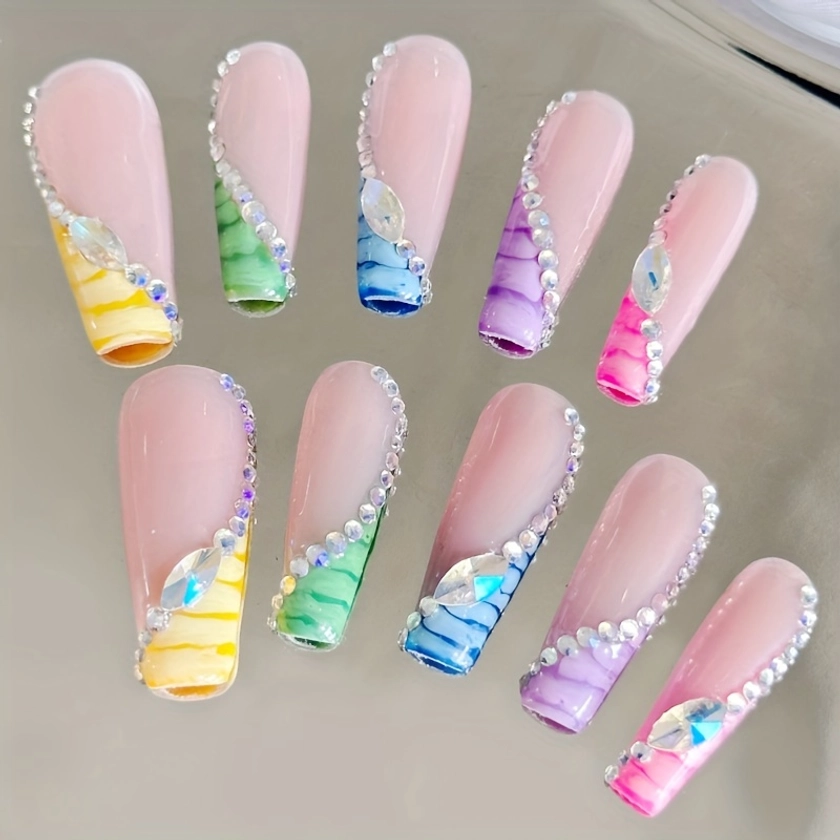10pcs Handmade Rainbow Color French * Nails Long Ballerina * Nails With Rhinestone Design Luxury Nail Art Set Glossy * Nails For Valentine&#39;s
