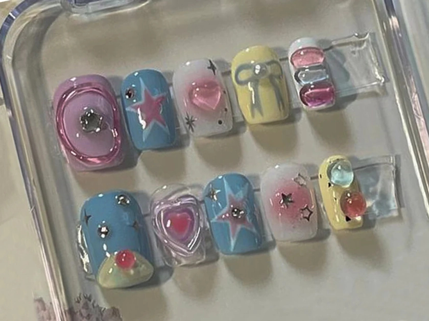 Cute Y2K-inspired Press On Nails | Handpainted Colorful Freestyle Nail Set | 3D Raised Gel Nail Star, Ribbon Motif | Cute Nails | HB320A