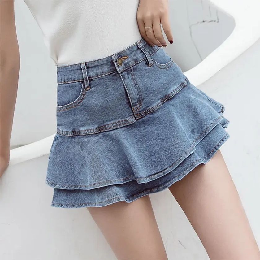 DEEPTOWN-Babados femininos saia jeans, cintura alta, minissaias de jean forradas, casual, sólido, coreano, meninas, moda, verão