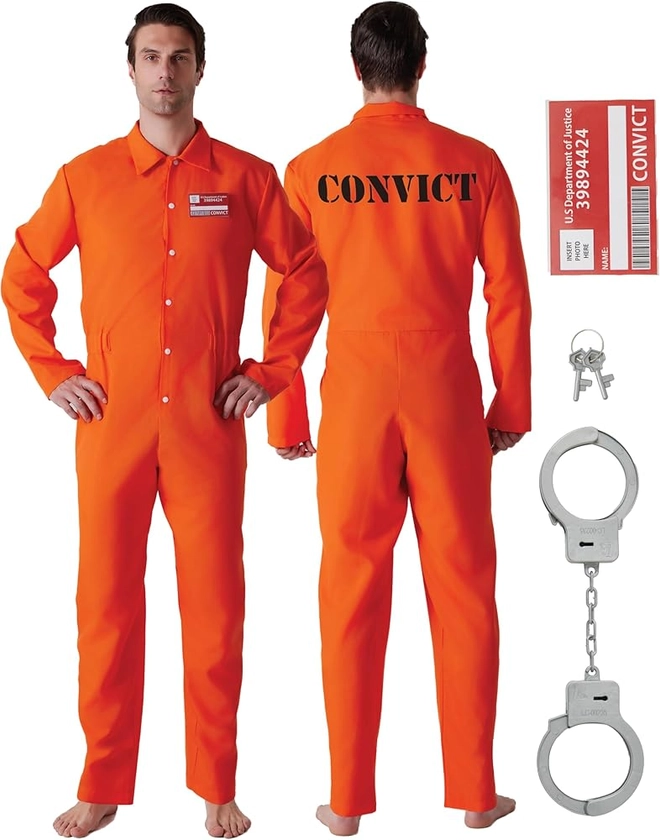 Maxim Party Supplies Prison Jumpsuit Costume Inmate Outfit, 3 Piece Convict Jail Uniform, Name badge and Handcuffs Prisoner