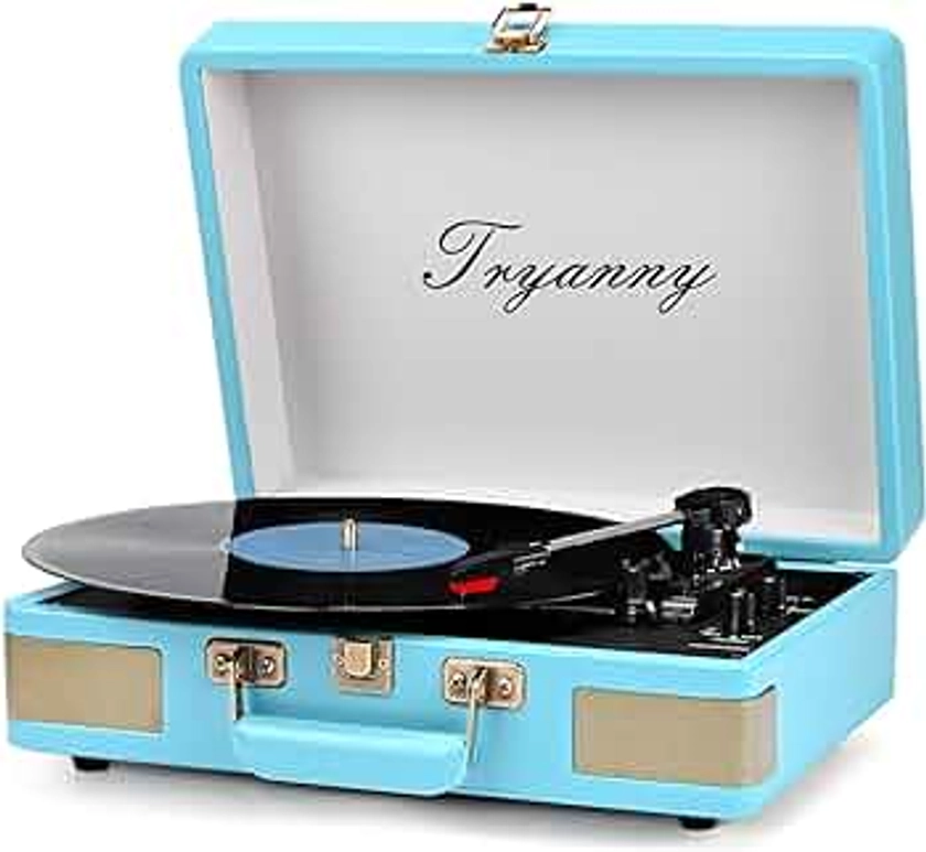 Trynnay Record Player 3 Speed Bluetooth Portable Suitcase Vinyl Player with Built-in Speakers Turntable Enhanced Audio Sound PU Leather Vintage Blue