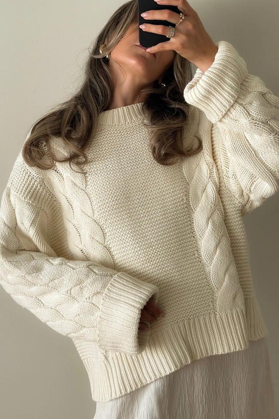 Pull oversize en maille torsadée Crème