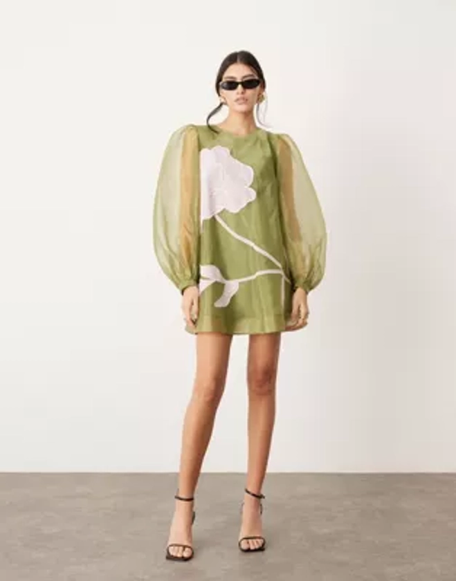 ASOS EDITION applique floral volume sleeve A-line mini dress in olive