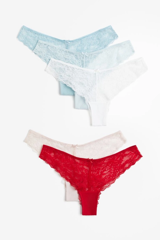 Lot de 5 culottes Brazilian en dentelle - Taille basse - Rouge/rose clair/bleu clair - FEMME | H&M FR