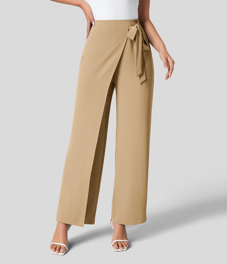 High Waisted Tie Side Invisible Zipper Wide Leg Work Suit Pants