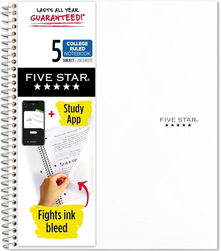 Five Star Spiral Notebook + Study App, 5 Subject, College Ruled Paper, Fights Ink Bleed, Water Resistant Cover, 8-1/2" x 11", 200 Sheets, White (72460)