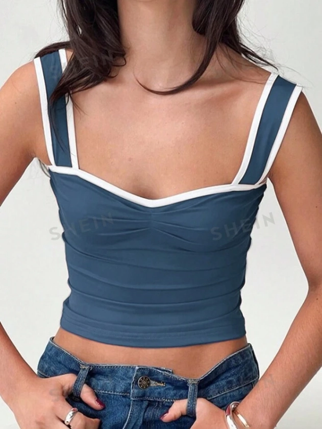 SHEIN Essnce Summer Women's Contrast Trim Wide Strap Slim-Fit Crop Top | SHEIN USA