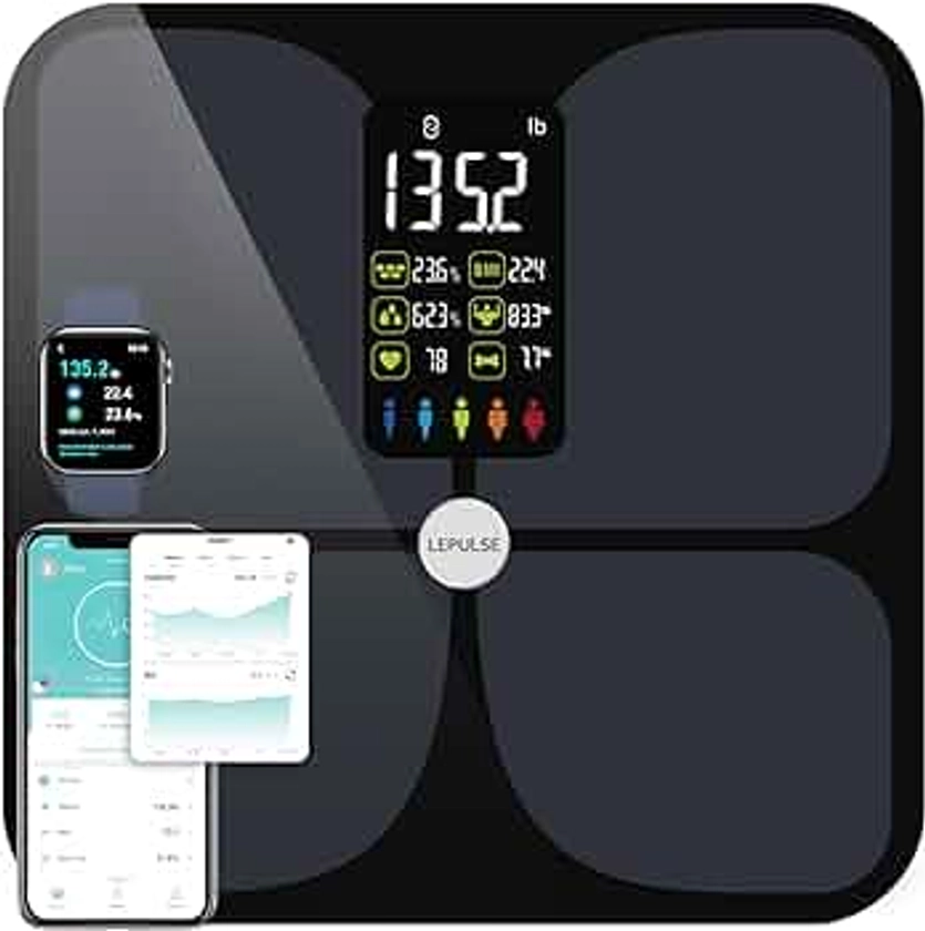 Scales for Body Weight and Fat, Lepulse Large Display Weight Scale, High Accurate Body Fat Scale Digital Bluetooth Bathroom Scale for BMI Heart Rate, 15 Body Composition Analyzer Sync with Fitness App
