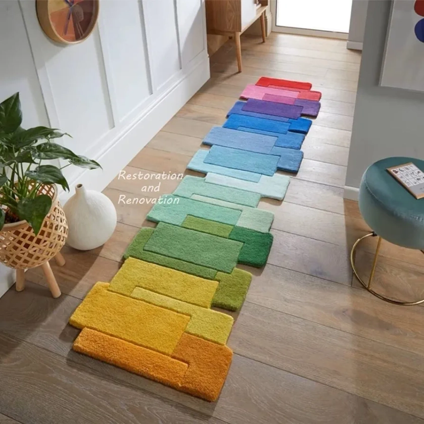 Modern Colorful Palette Irregular Shape Runner - Unique Design, Handmade with 100% Wool Area Rug for Living Room, Bedroom, Kitchen & Home Decor (Rainbow, 2.6' x 8')
