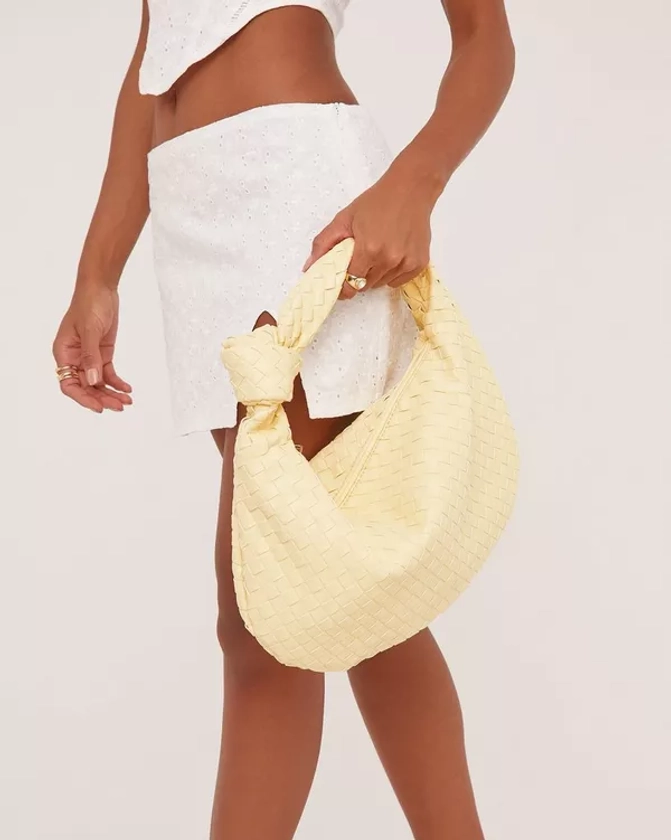 Loreen Woven Knotted Strap Detail Oversized Shoulder Bag In Yellow Faux Leather