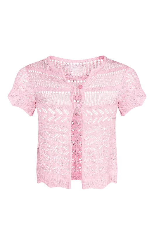 Baby Pink Contrast Crochet Knit Cap Sleeve Top