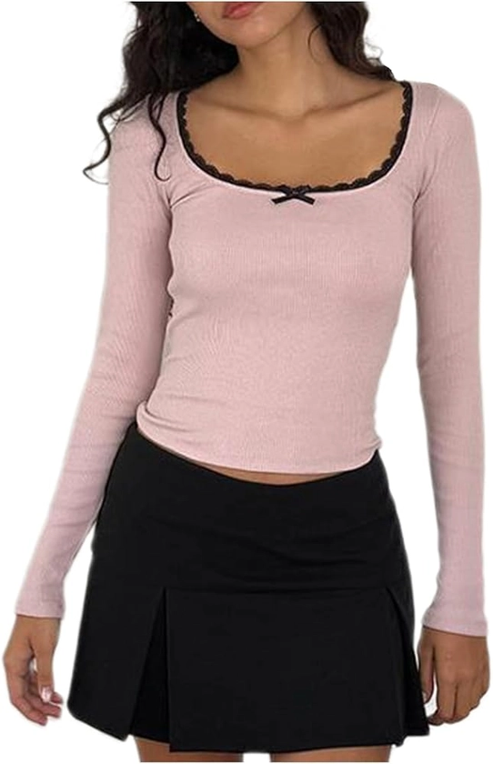 Women Y2k Crop Tops Long Sleeve Square Neck Ribbed Slim Fitted T-Shirt Tops Retro Streetwear