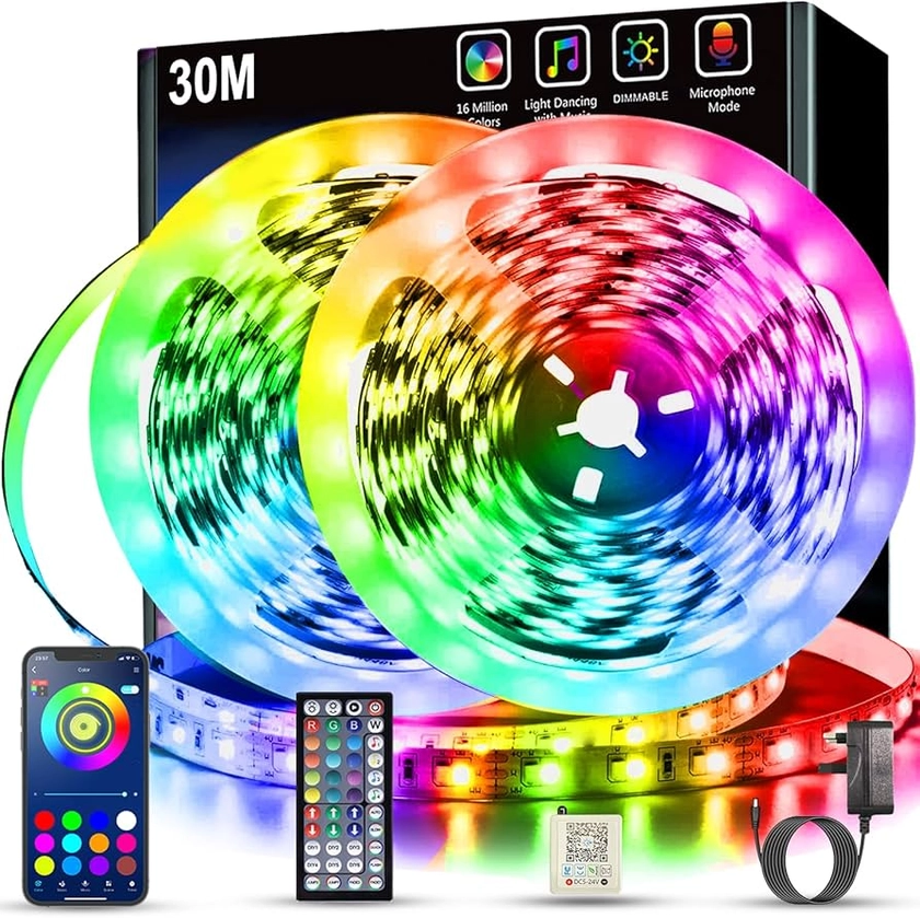 Keepsmile Led Strip Lights 30M(2 Rolls of 15M) Bluetooth Smart App Control Music Sync Color Changing RGB Led Light Strips with Remote,Flexible Led Lights for Bedroom,Party,Birthday and Home Decor