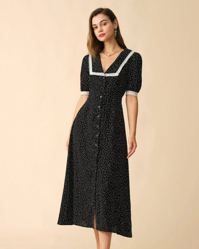 The Polka Dot Lace Trim Midi Dress - Black Lace Sleeves Polka Dot V Neck Dress - Black - Dresses | RIHOAS