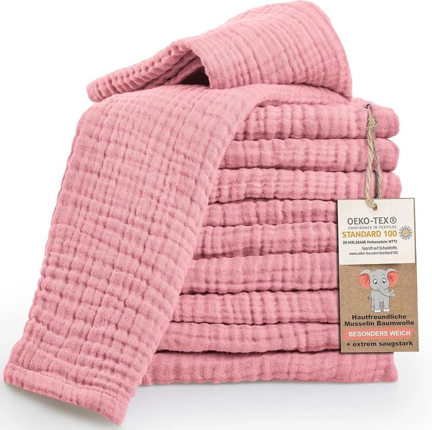 LAYNENBURG 10er-Set Premium Spucktücher Baby aus extra weichem Musselin - 100% Baumwolle - 30x50cm - Oeko Tex 100 - Musselin-tücher als Mulltücher, Mullwindeln oder Stoffwindeln (alt-rosa)