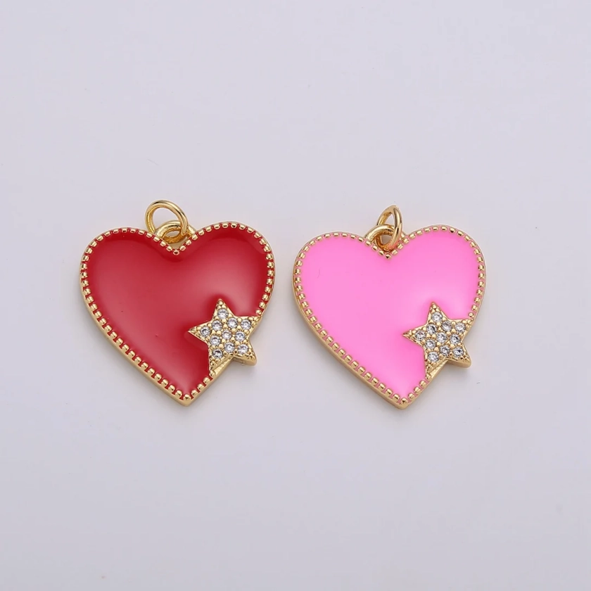 Pink Enamel Heart Charm Pendant, Red Enamel Heart Pendant, 14K Gold Star Heart Jewelry Making Supply - Etsy