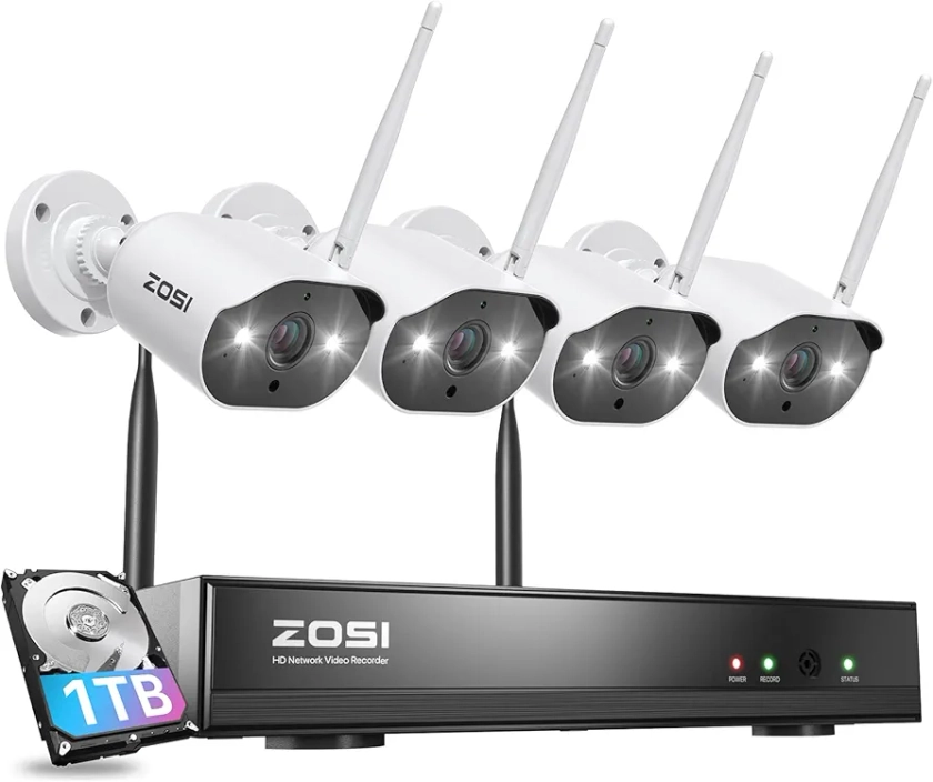 ZOSI 2K Wireless Security Camera System,2K H.265+ 8CH NVR with 1TB Hard Drive,4pcs 3MP WiFi Surveillance Cameras Indoor Outdoor,Night Vision,Motion Detection,Remote Access,for Home 24-7 Recording