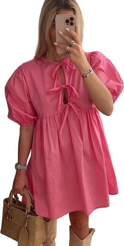 Women's Short Puff Sleeve Mini Dress Bow Tie Front Y2K Babydoll Peplum Dress