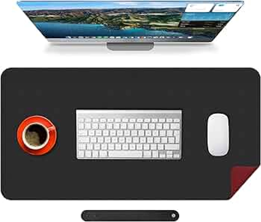 Mouse Mat Large Non-Slip Waterproof PU Leather Stitched Edges Mouse Pad for Desk Writing Home Office (Black+Red90, 90 * 40)