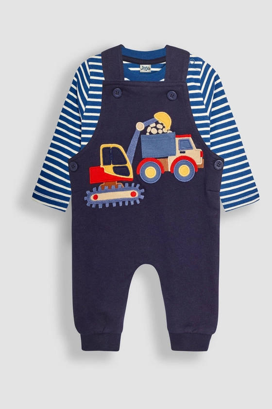 JoJo Maman Bébé Navy Blue Digger Appliqué Dungarees & Top Set