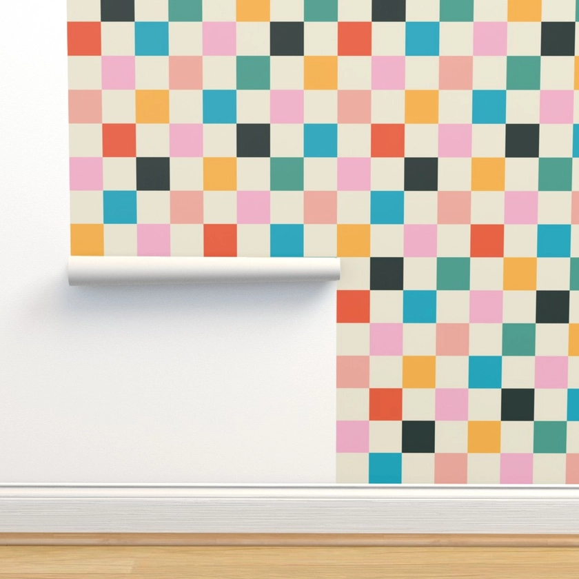 Bright Mid-Century Checks Wallpaper | Spoonflower