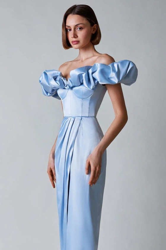 Off-Shoulder Ruffle Split Maxi Dress