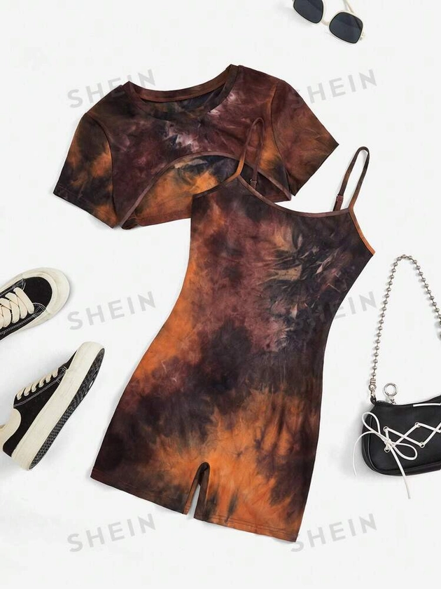 SHEIN EZwear Conjunto de Macacão Plus Size Feminino Elegante de Estilo Retrô Tie-Dye