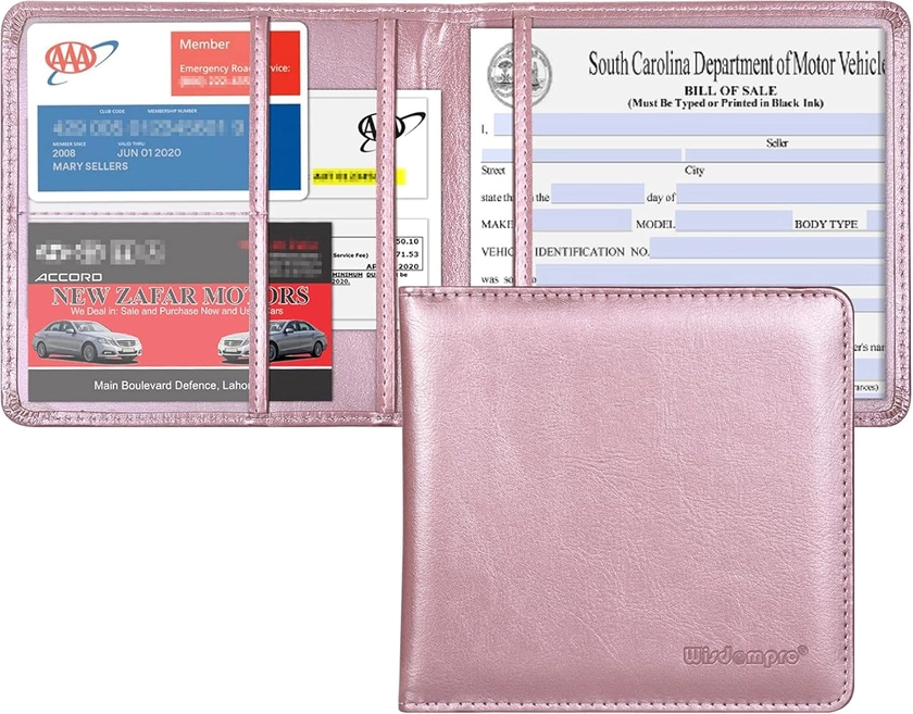 wisdompro Driving Licence Holder Car Registration and Insurance Documents Holder - PU Leather Paperwork Wallet Case Organizer for Vehicle Documents and Cards - Rose Gold