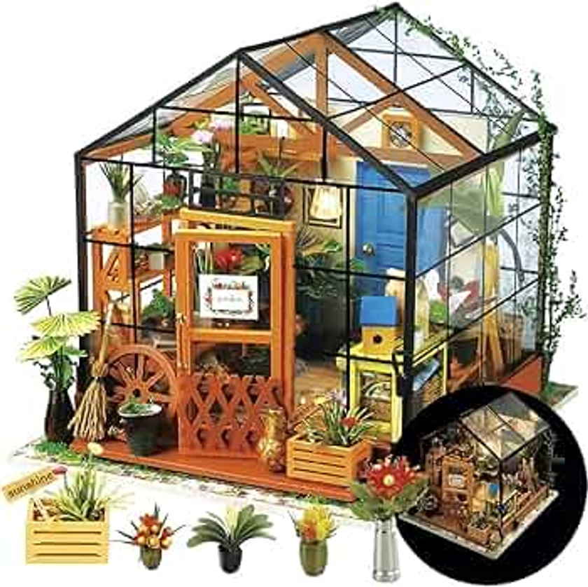 Rolife DIY Miniature House Kit Greenhouse, Tiny House Kit for Adults to Build, Mini House Making Kit with Furniture, Halloween/Christmas Decorations/Gifts for Family and Friends (Cathy's Greenhouse)