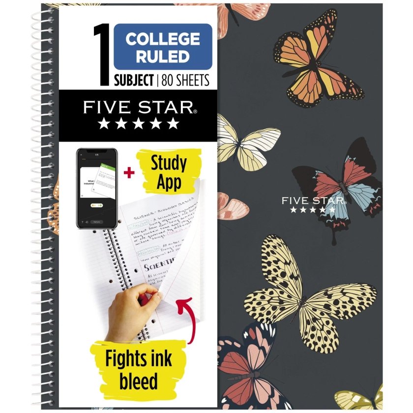 Five Star Butterflies Notebook Plus Study App, 1 Subject, College Ruled, 8.5" x 11"