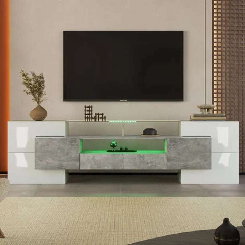Meuble TV 200 cm L . élégant. lowboard. blanc brillant. LED. surface en Verre. Gris