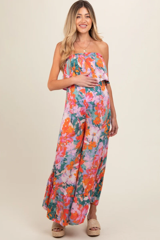 Multi Color Floral Smocked Ruffle Strapless Wide Leg Maternity Jumpsuit