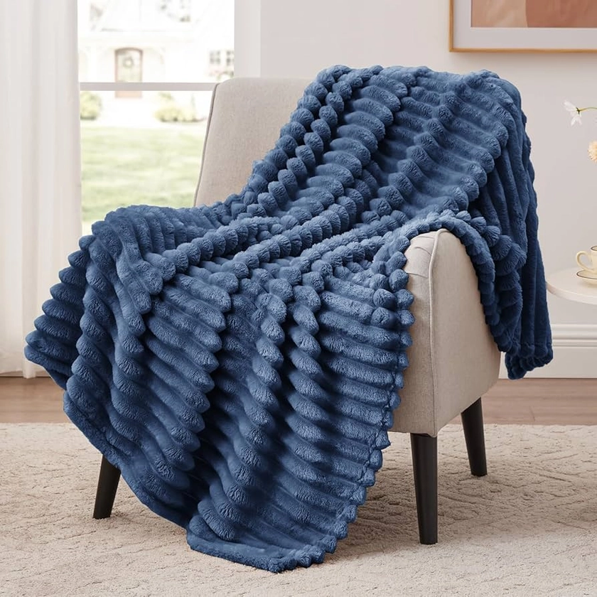 EXQ Home Fleece Throw Blanket for Couch or Bed - 3D Stripe Jacquard Decorative Blankets - Cozy Soft Lightweight Fuzzy Flannel Blanket Suitable for All Seasons(50"×60",Dark Blue)