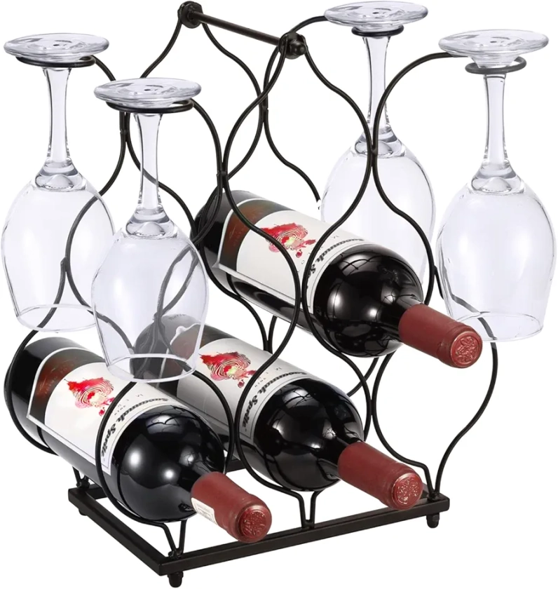 Urban Deco Small Wine Rack for 6 Wine Bottles with 4 Glasses Holder – Easy to Assemble Modern Countertop Metal Wire Wine Storage for Table Top Cabinet Kitchen Black