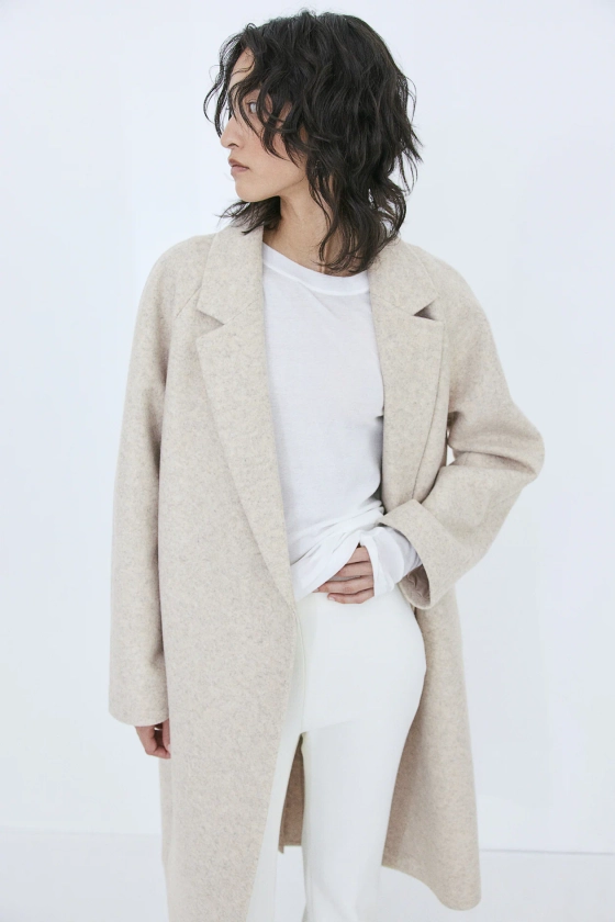 Double-breasted coat - V-neck - Long sleeve - Light beige marl - Ladies | H&M GB