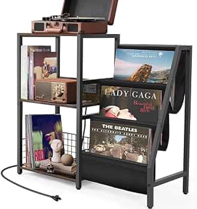 YisrLery Record Player Stand with Charging Station-USB Ports and Outlets,Record Player Table Up to 200 Albums,3-Tier Vinyl Record Storage Cabinet with Metal Frame,Vinyl Record Holder (Original Brown)