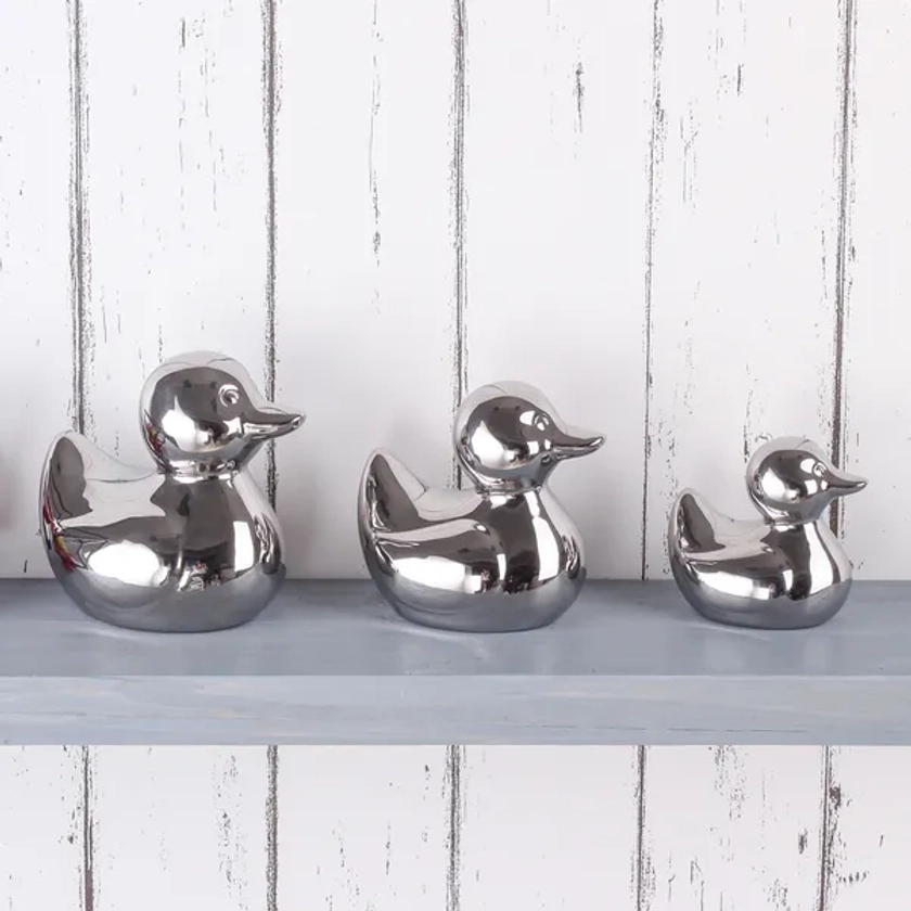 Set of 3 Silver Ceramic Duck Ornaments