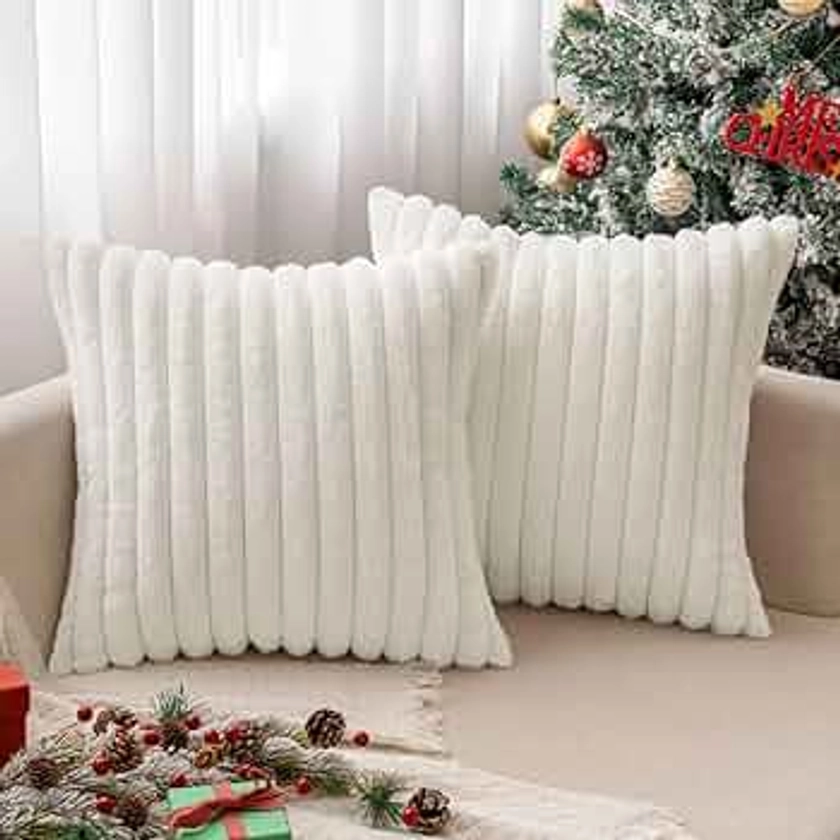 MIULEE White Throw Pillow Covers 18x18 Inch Set of 2 Christmas Soft Pillowcase with Velvet Back Faux Rabbit Fur Cushion Covers Decorative Home Decor for Couch Sofa Bedroom Livingroom