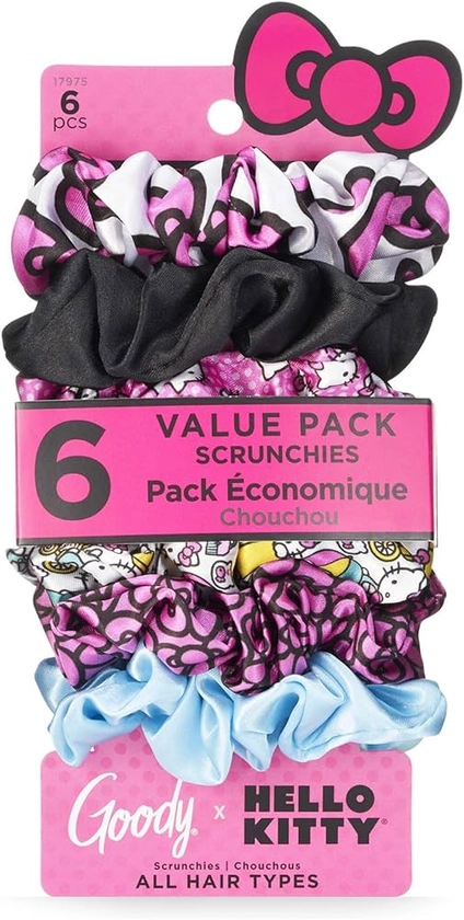 Goody x Hello Kitty Ouchless Scrunchie - 6 Count, Assorted - Accessories to Style With Ease and Keep Your Hair Secured - For All Hair Types - Pain Free