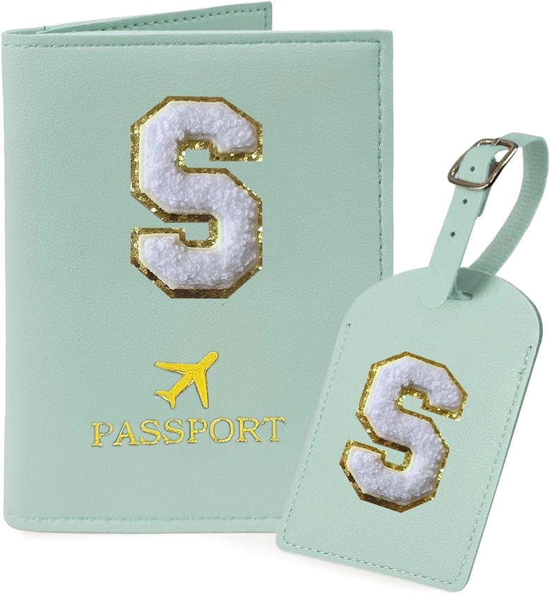 Green Passport Cover Holder and Luggage Tag Set TSA Approved with Initial Chenille Letter Patch A-Z for Women Teenage Girls, Vaccine Card Slot Travel Bag Suitcase Identifier (S)