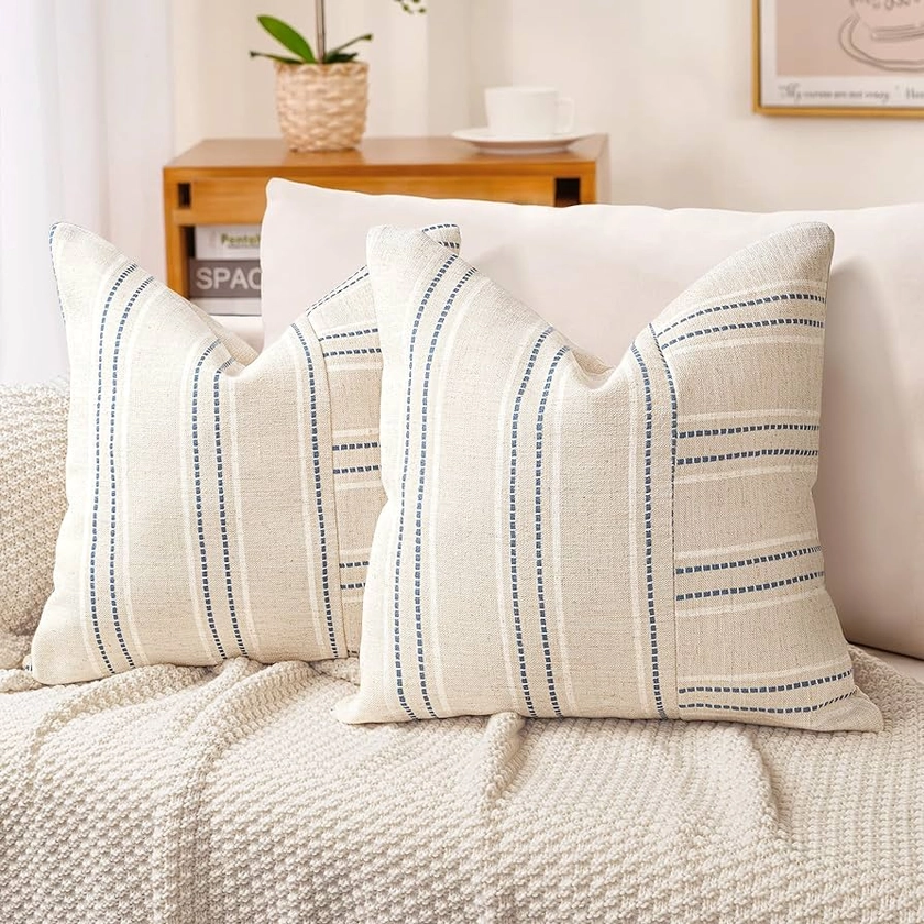 Amazon.com: AELS 20x20 Decorative Farmhouse Linen Throw Pillow Covers, Boho Textured Pillow Case, Set of 2,Beige with White & Navy Blue Stripe Patchwork Cushion Cover for Sofa Couch Living Room(Cover ONLY) : Home & Kitchen