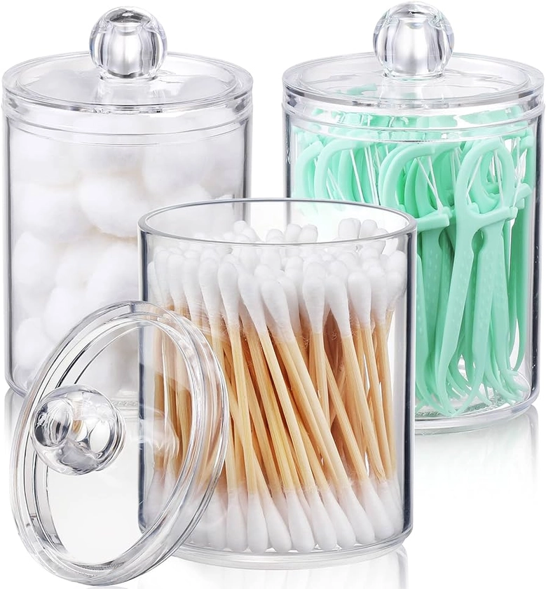 AOZITA 3 Pack Qtip Holder Dispenser for Cotton Ball, Cotton Swab, Cotton Round Pads, Floss - 10 oz Clear Plastic Apothecary Jar Set for Bathroom Canister Storage Organization, Vanity Makeup Organizer