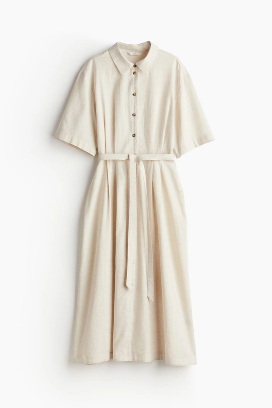 Linen-blend Shirt Dress - Short sleeve - Midi - Natural white - Ladies | H&M US