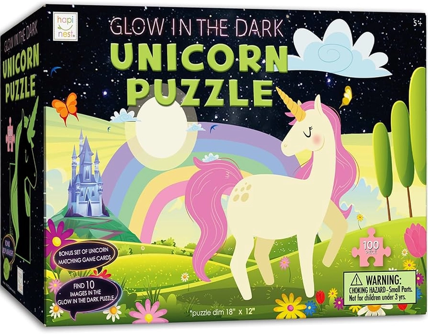 Hapinest 100 Piece Unicorn Puzzle Glow-in-The-Dark Puzzle for Kids Girls & Boys, Birthday Gift w/Bonus Memory Matching Cards & LED Flashlight, Jigsaw Puzzles for Kids Ages 5 6-8 10-12 Years Old and Up